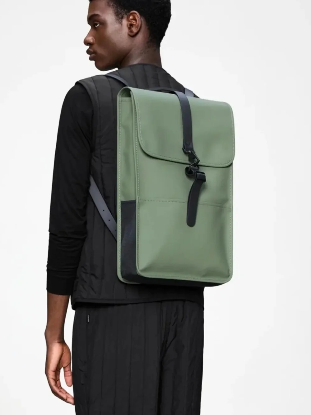 Rains Mint Green Rolltop Backpack with Black Strap